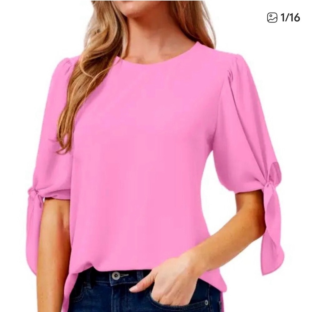 NWT CeCe Blouse. Tie Sleeve High-Low Top. Bright Peony. Size 1X